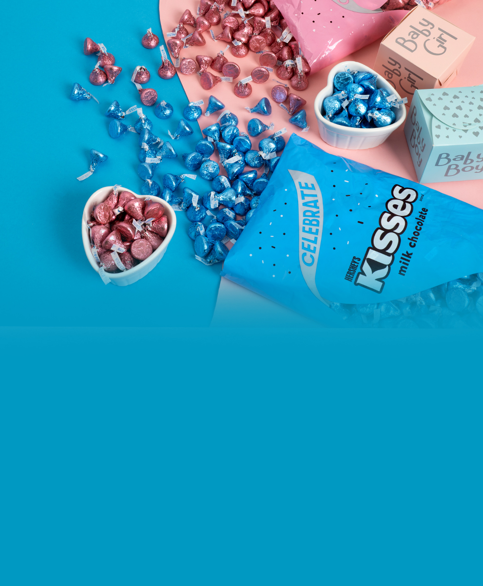 Promotional graphic featuring Milk chocolate blue and pink Hershey Kisses for a baby shower event