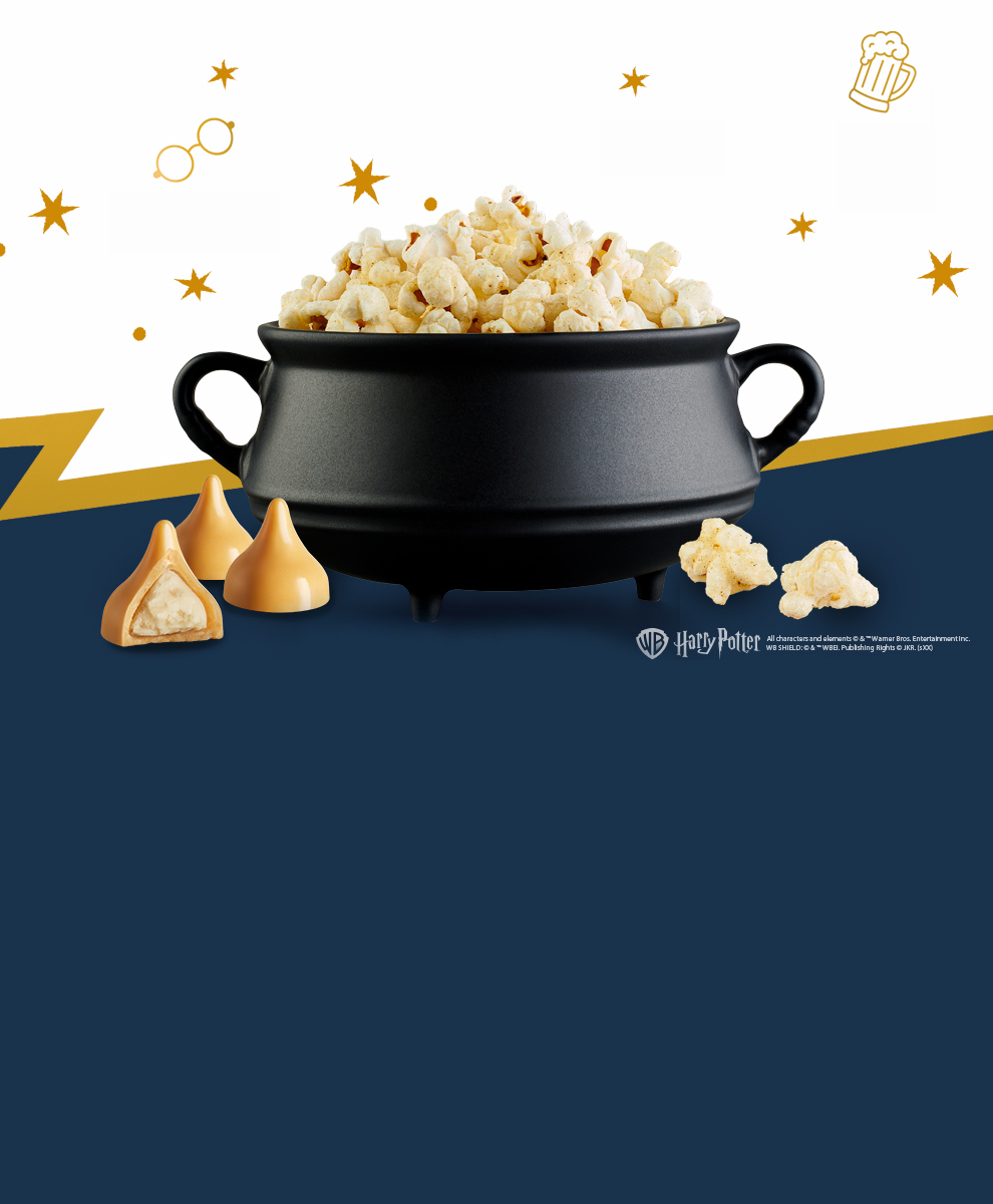 Promotional graphic featuring Harry Potter™ Butterbeer flavored SkinnyPop and HERSHEY'S Kisses