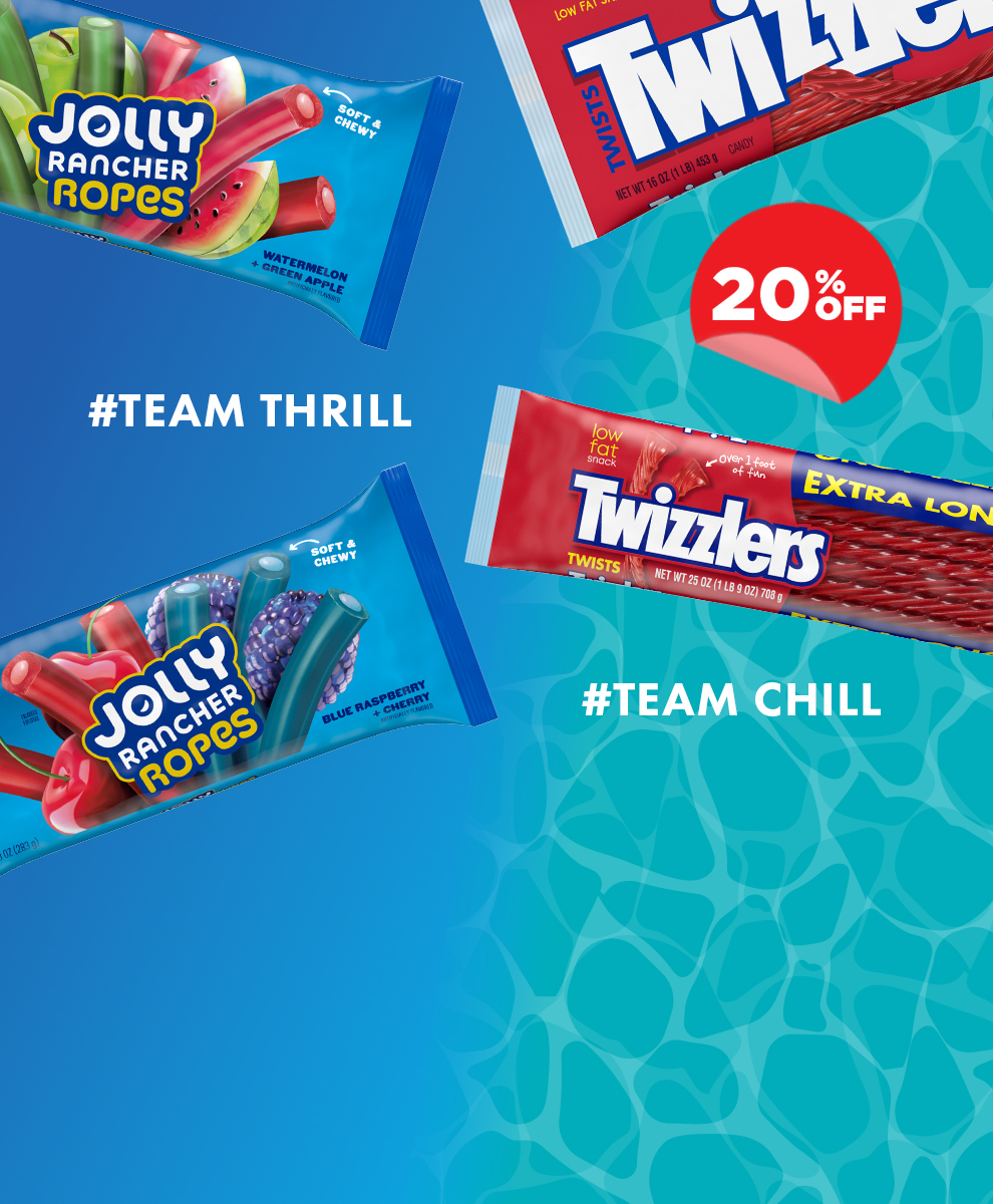 Promotional graphic featuring a summer-themed assortment of JOLLY RANCHER Ropes and TWIZZLER'S candy