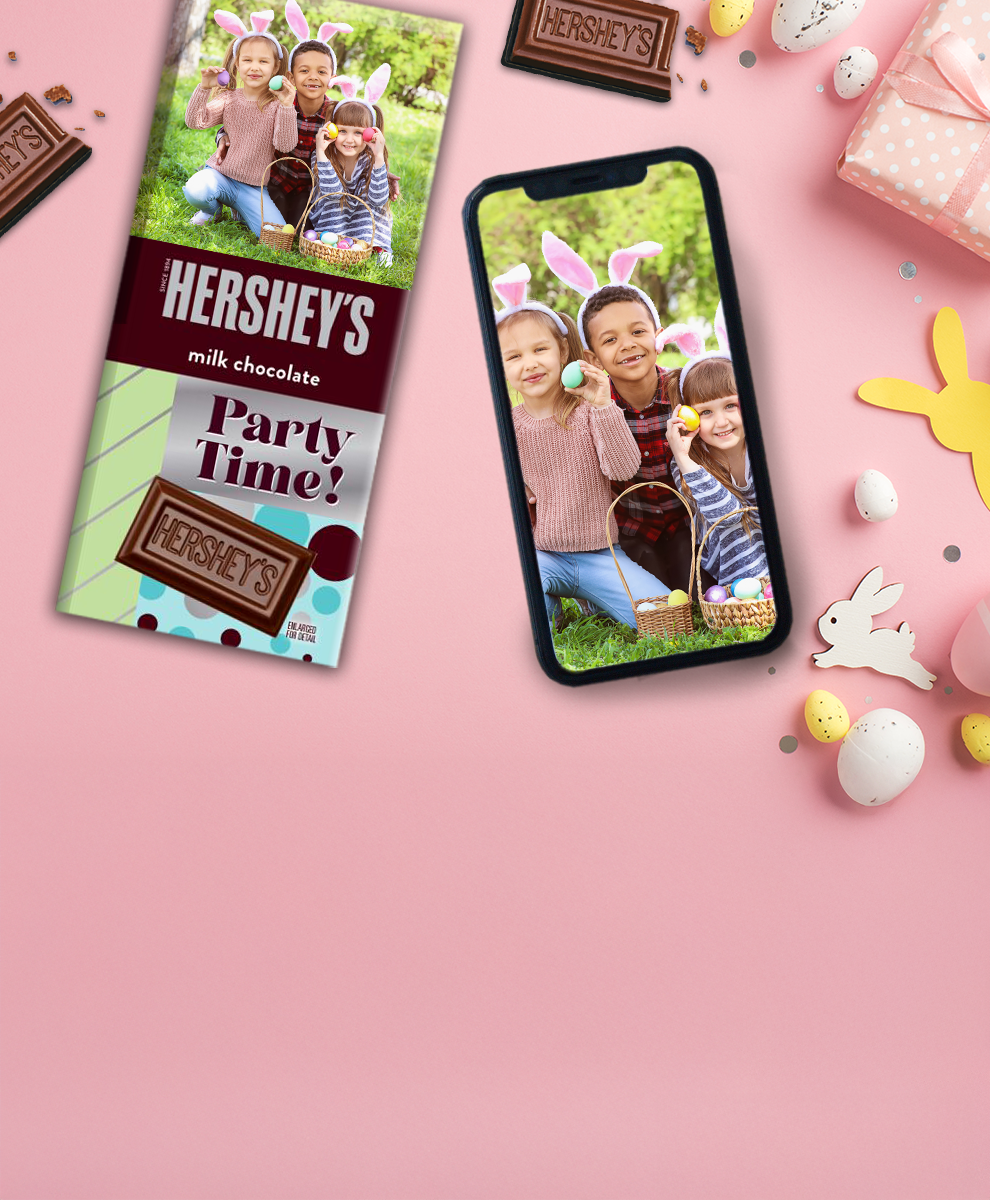 HERSHEY'S Bar with Easter-themed wrapper next to an iPhone