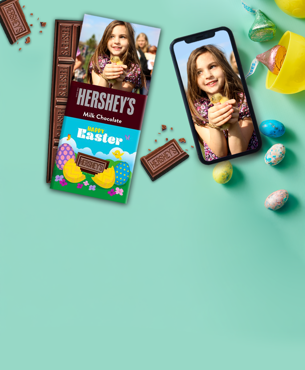 HERSHEY'S Bar with Easter-themed personalized wrapper and iPhone background