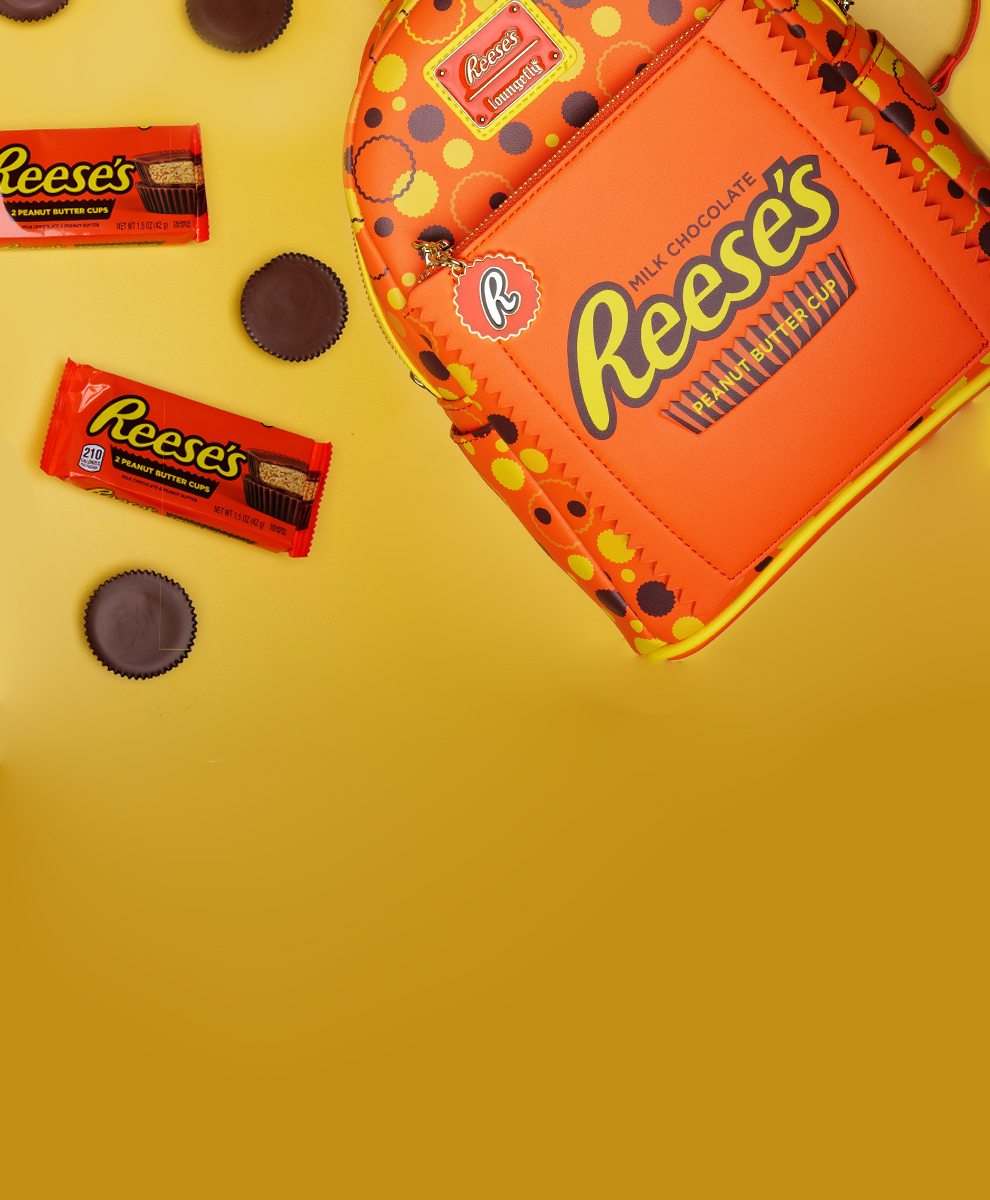 REESE'S Loungefly Mini Backpack on yellow background with REESE'S Cups