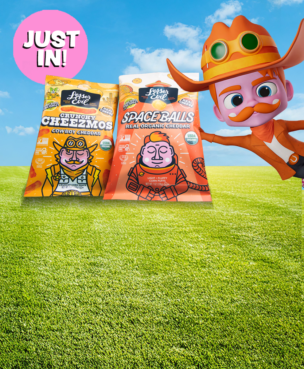 Promotional graphic featuring Lesser Evil New popcorn and corn snacks in classic and bold flavors