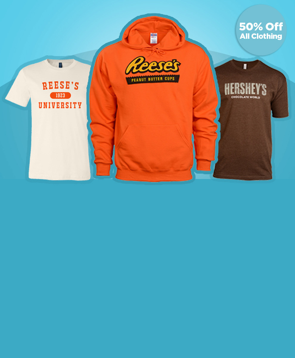 Various Hershey-branded apparel items on blue background