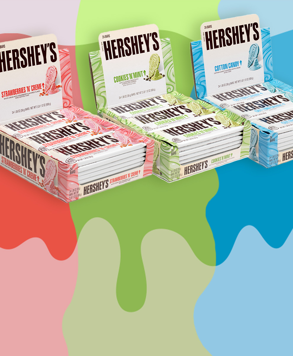 Promotional graphic featuring HERSHEY'S Ice Cream Flavored Candy Bars on a colorful background with a drip effect