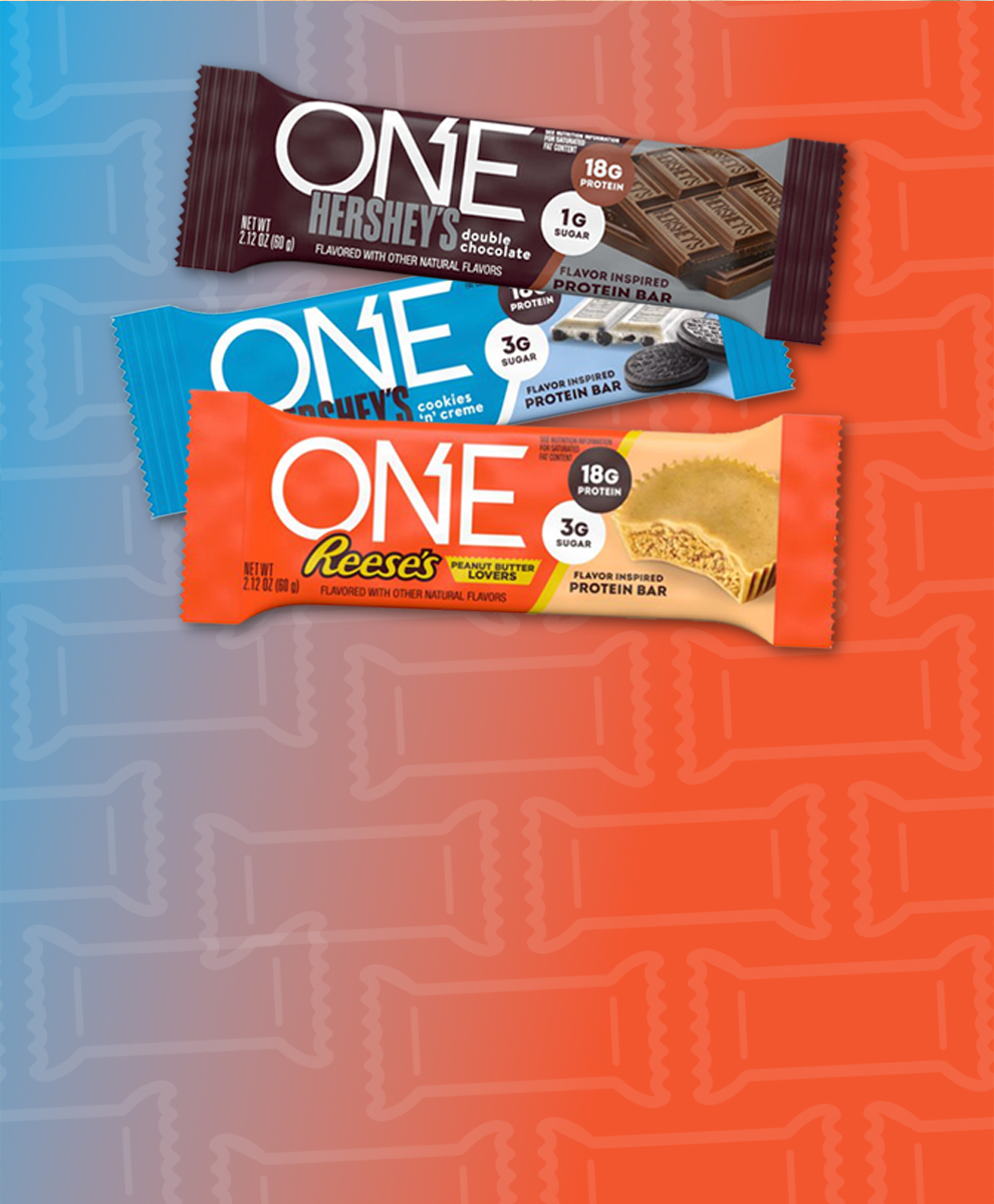 Promotional graphic featuring ONE Protein Bars in Reese's, Cookies 'n Cream and Hershey's Chocolate flavors