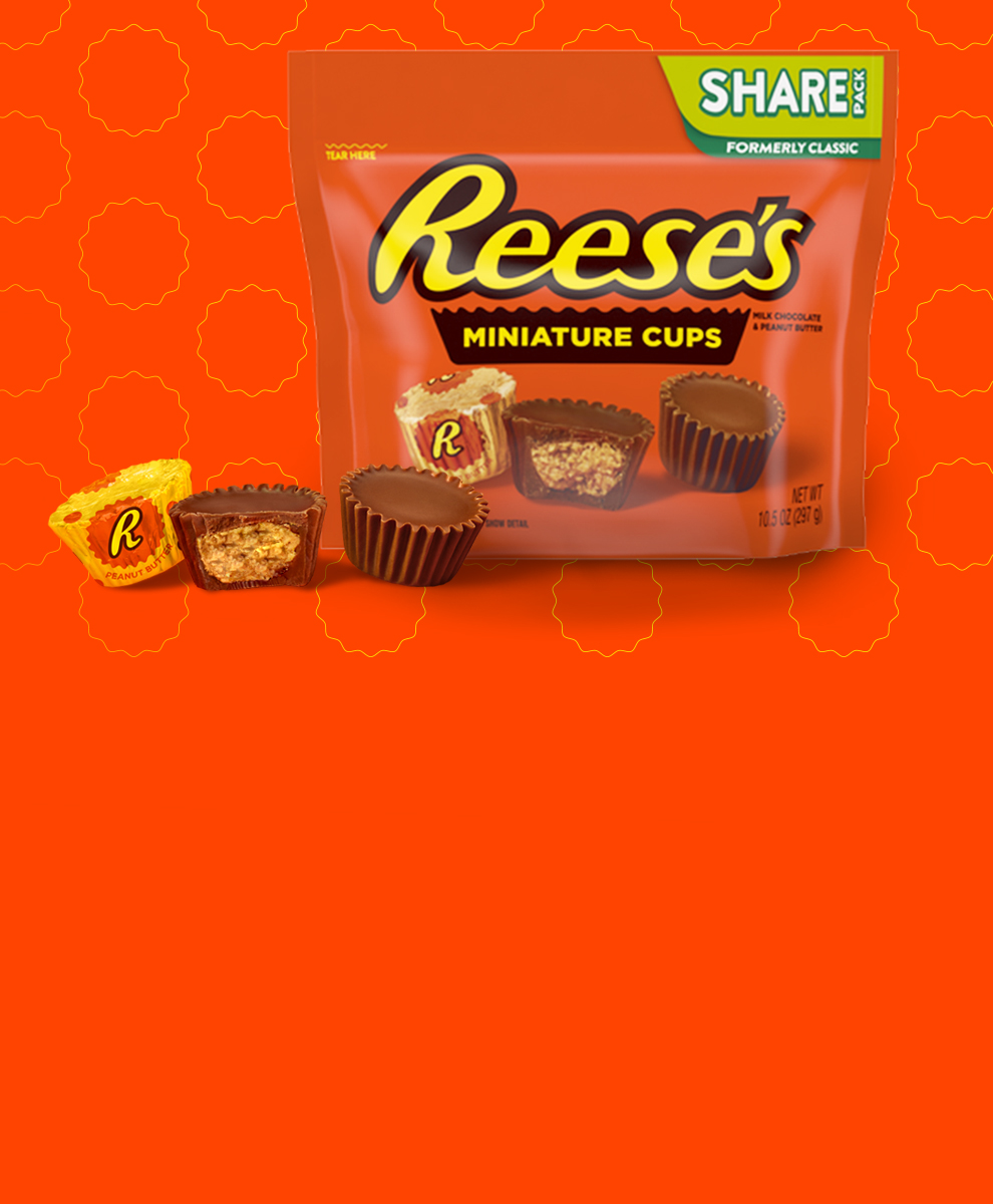 Share Pack of Miniature REESE'S Peanut Butter Cups on orange background