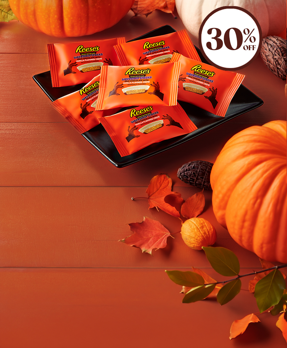Promotional graphic featuring Halloween REESE's candies on a fall themed porch