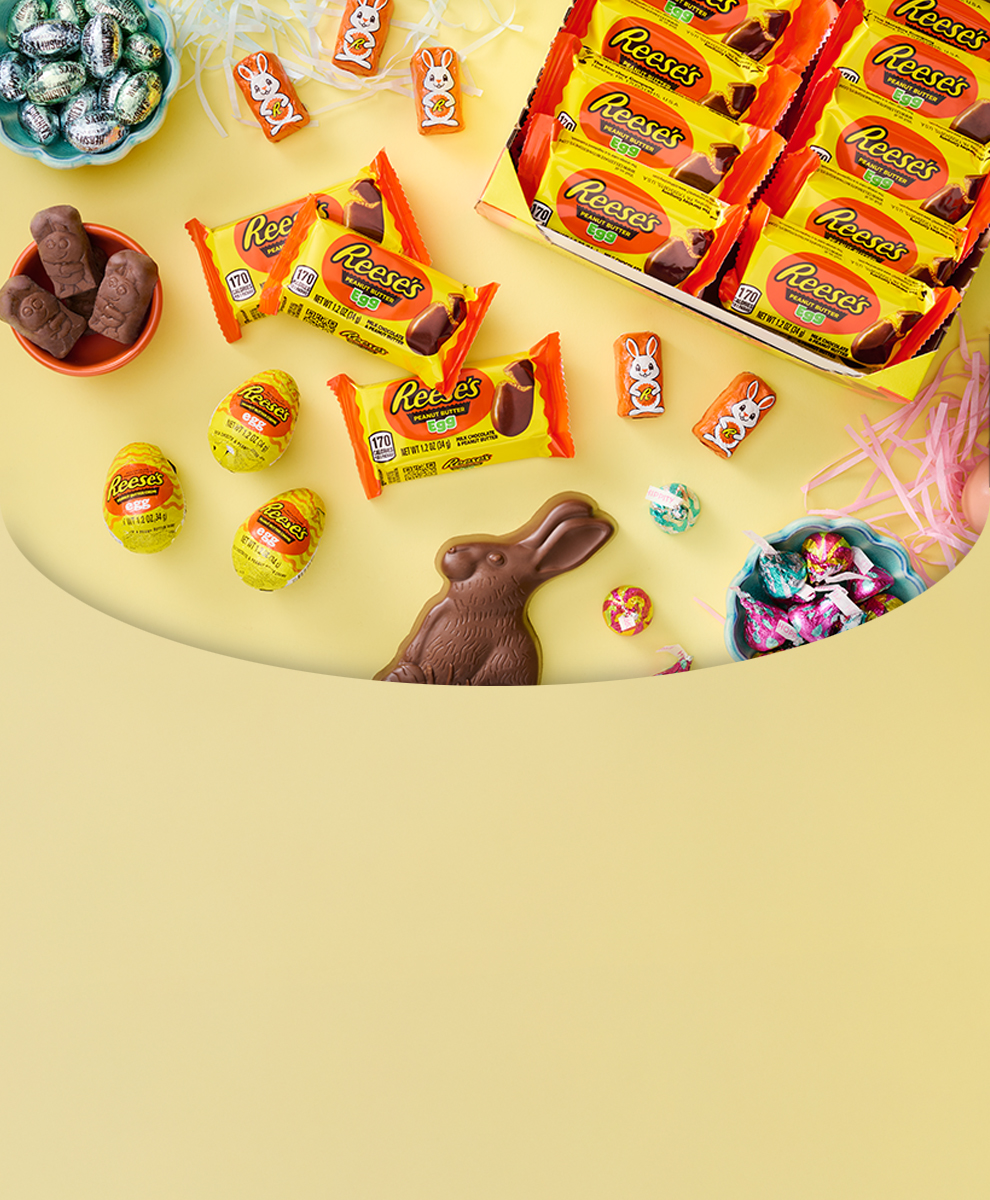 Promotional graphic featuring REESE'S Easter Candy with milk chocolate Easter eggs and Easter bunnies 