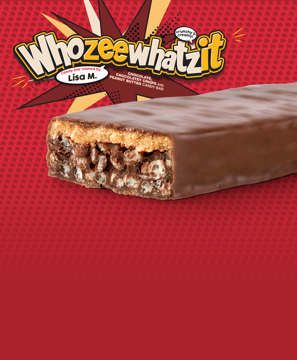 WHOZEEWHATZIT Candy logo with candy bar, cut in half and enlarged to show detail