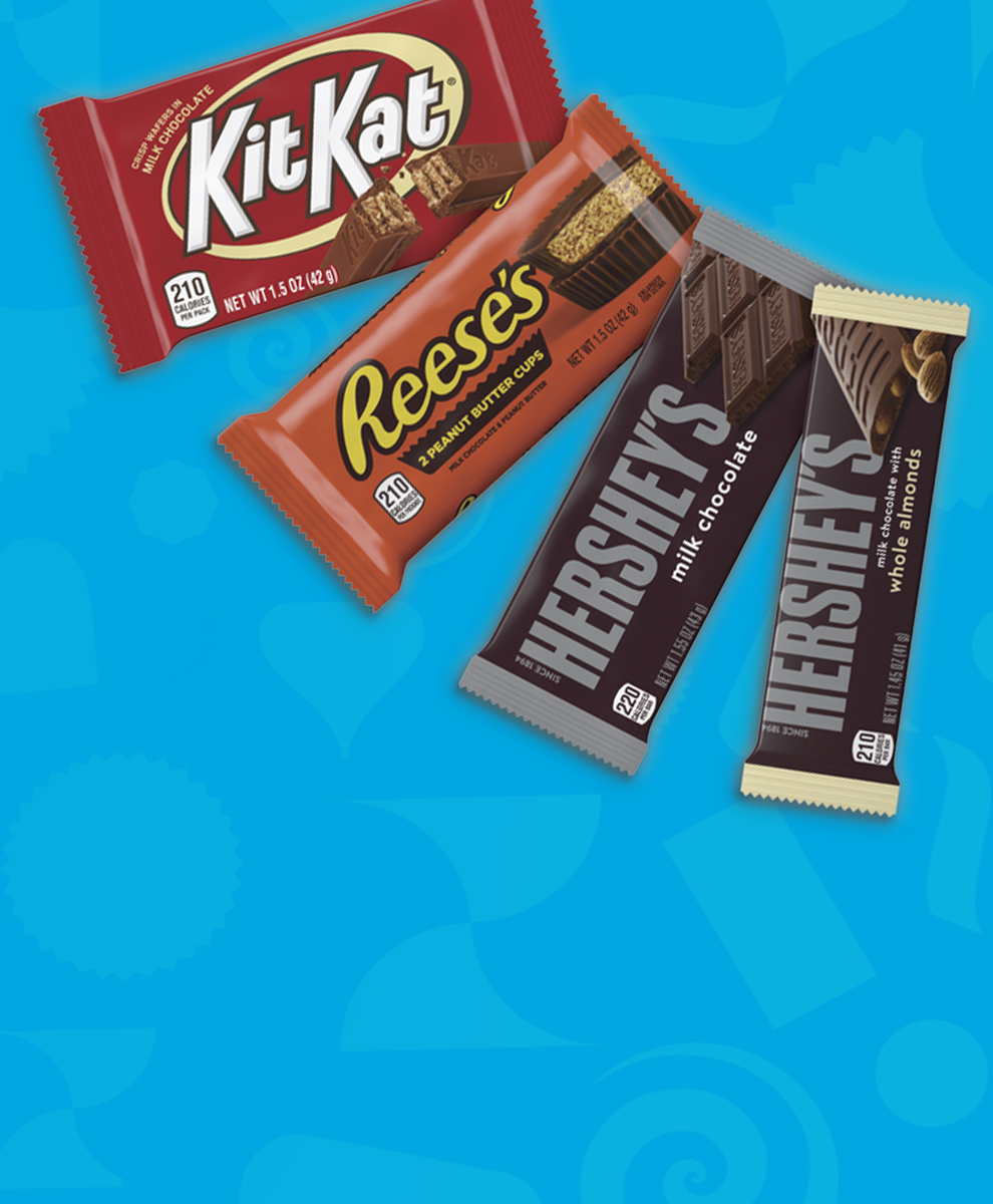 Selection of Best-Selling products from Hershey arrayed on blue background