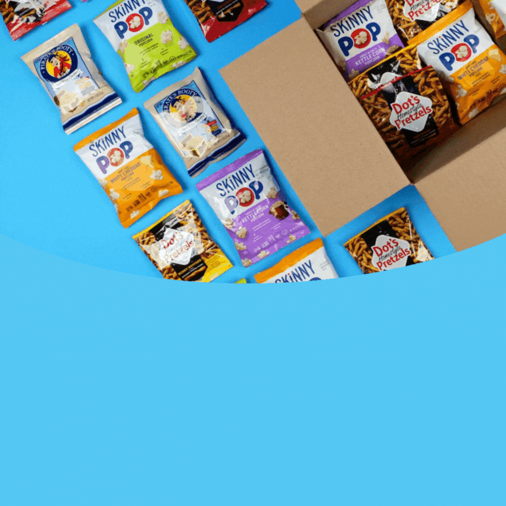 Promotional GIF showing single serving size snack bags being added to and removed from a cardboard box