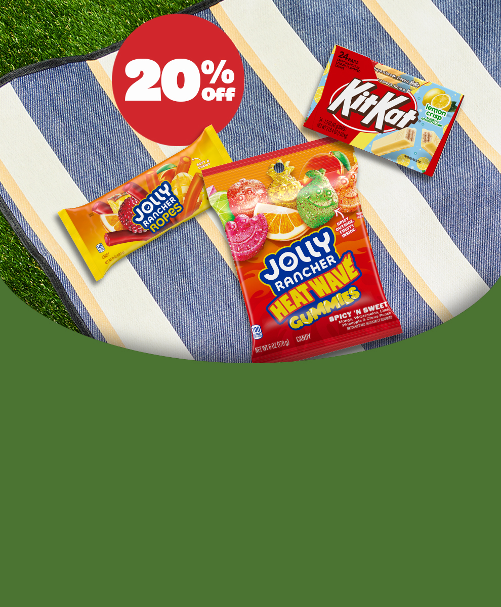 Promotional graphic featuring Jolly Rancher and Kit-Kat Seasonal Flavored Candies on a picnic blanket