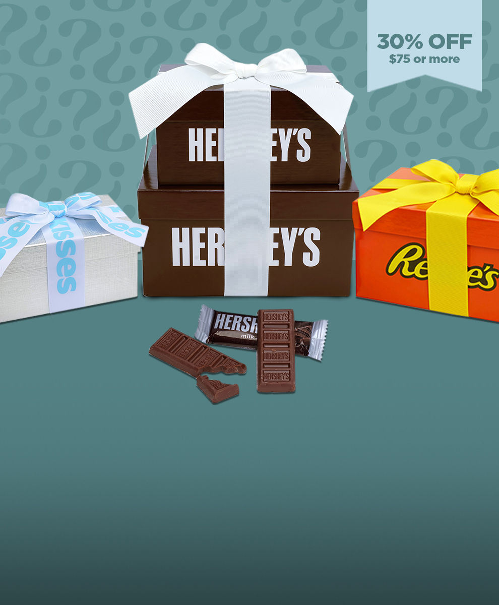 Variety Hershey's gift chocolate with boxes and ribbons; unwrapped individual chocolate