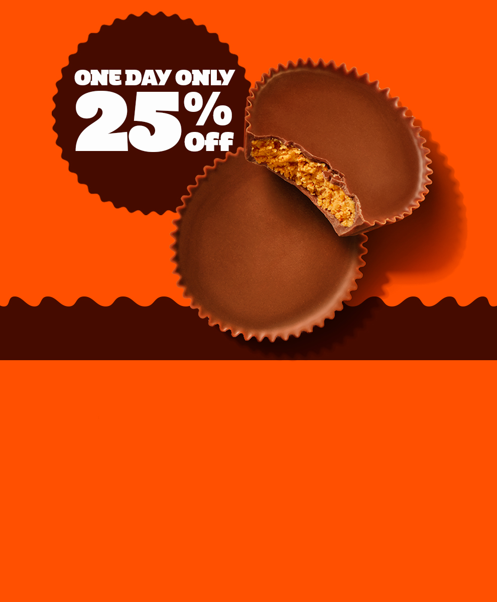 Promotional graphic featuring 25% off ALL Reese's favorites