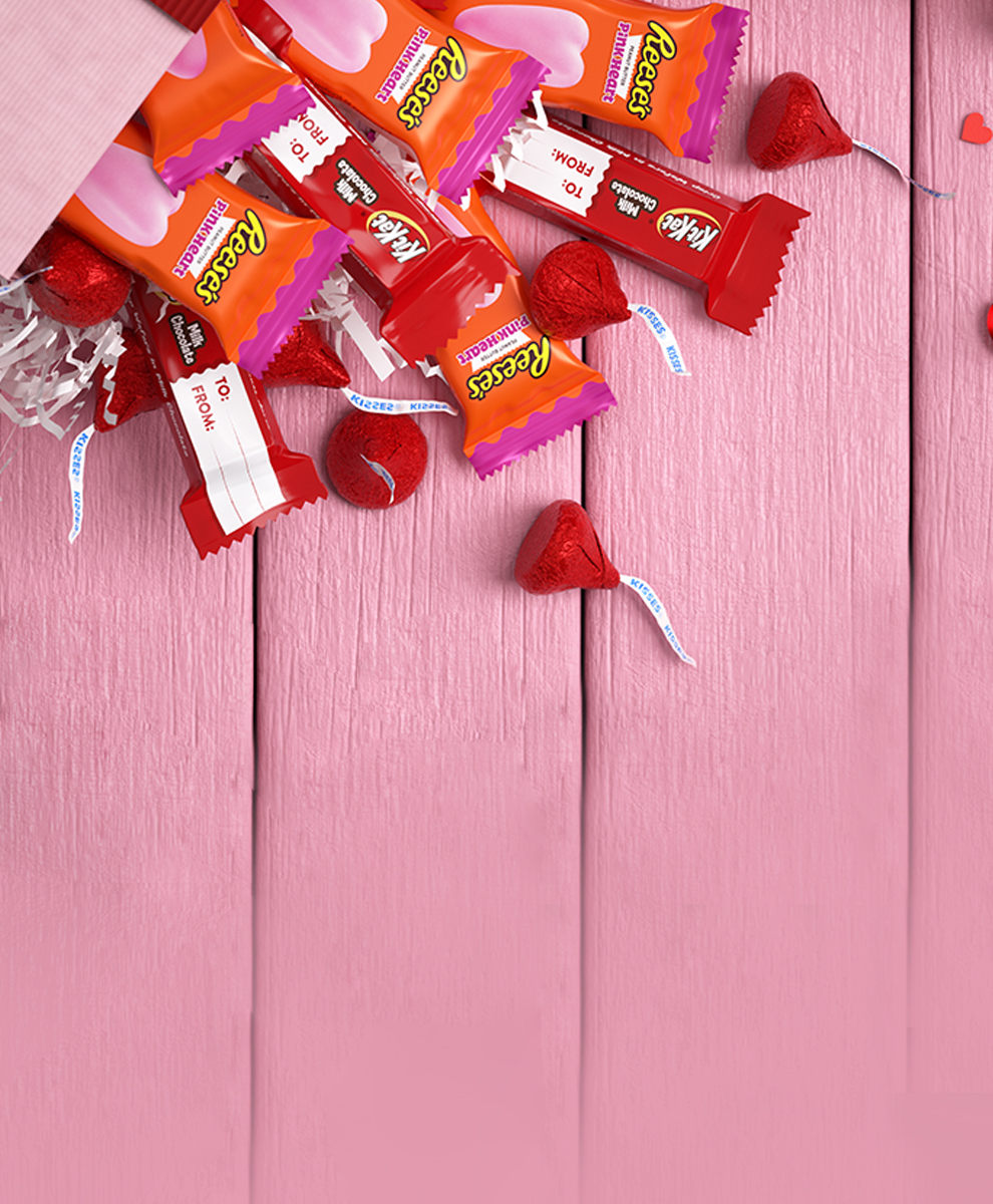 Variety of Hershey's products in Valentine's day themed background