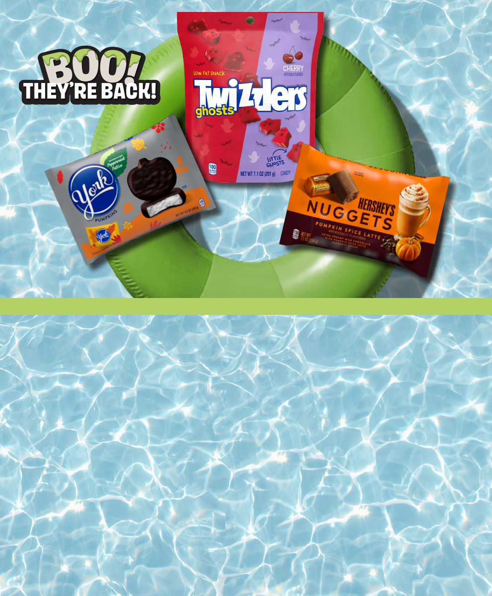 Promotional graphic featuring Halloween Candies floating on a pool float at the pool