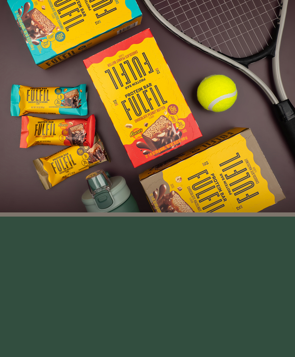 Promotional graphic featuring assortment of FULFIL Protein Bars surrounded by sports and gym equipment