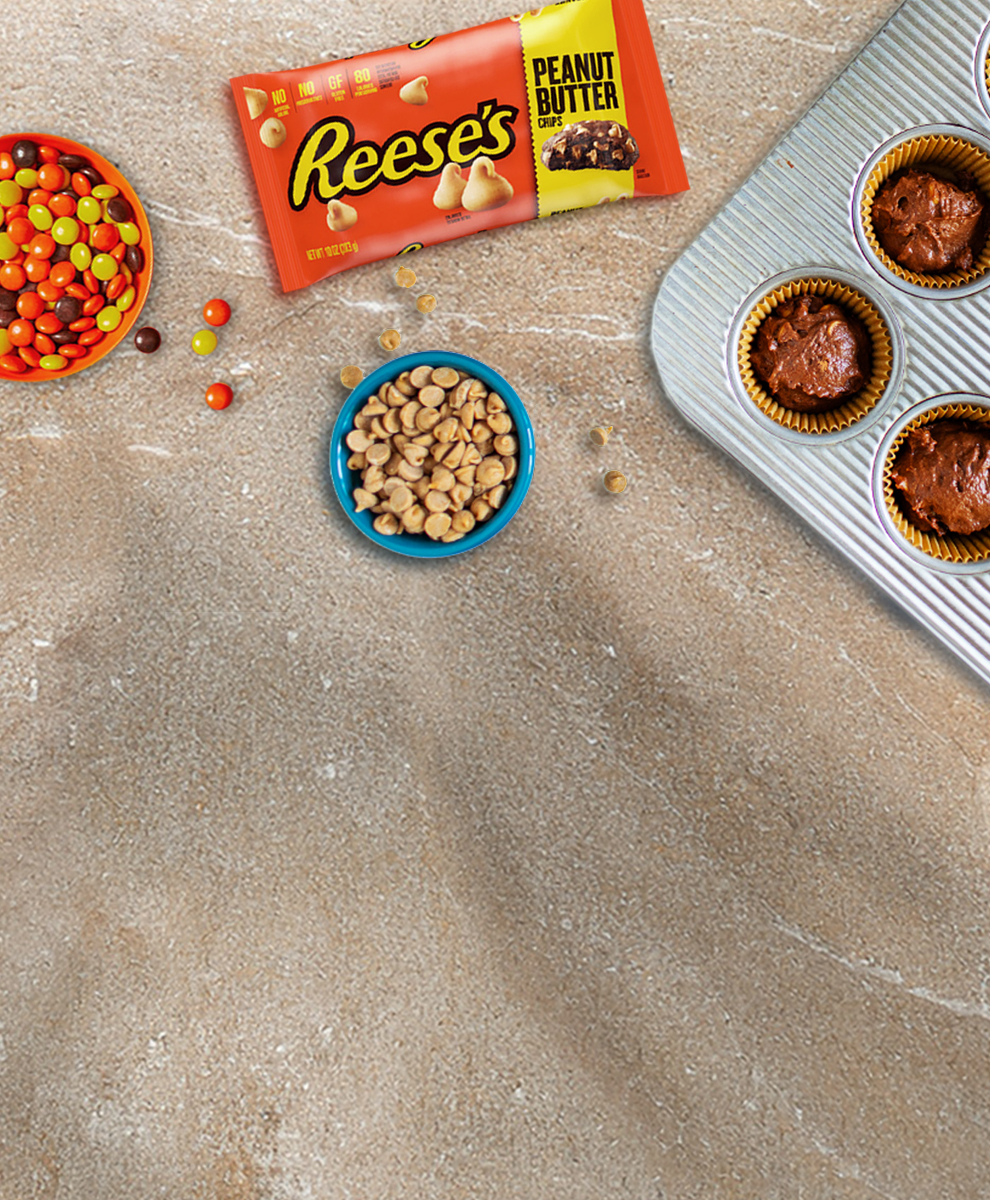 Promotional graphic featuring REESE'S baking chips on a marble table top