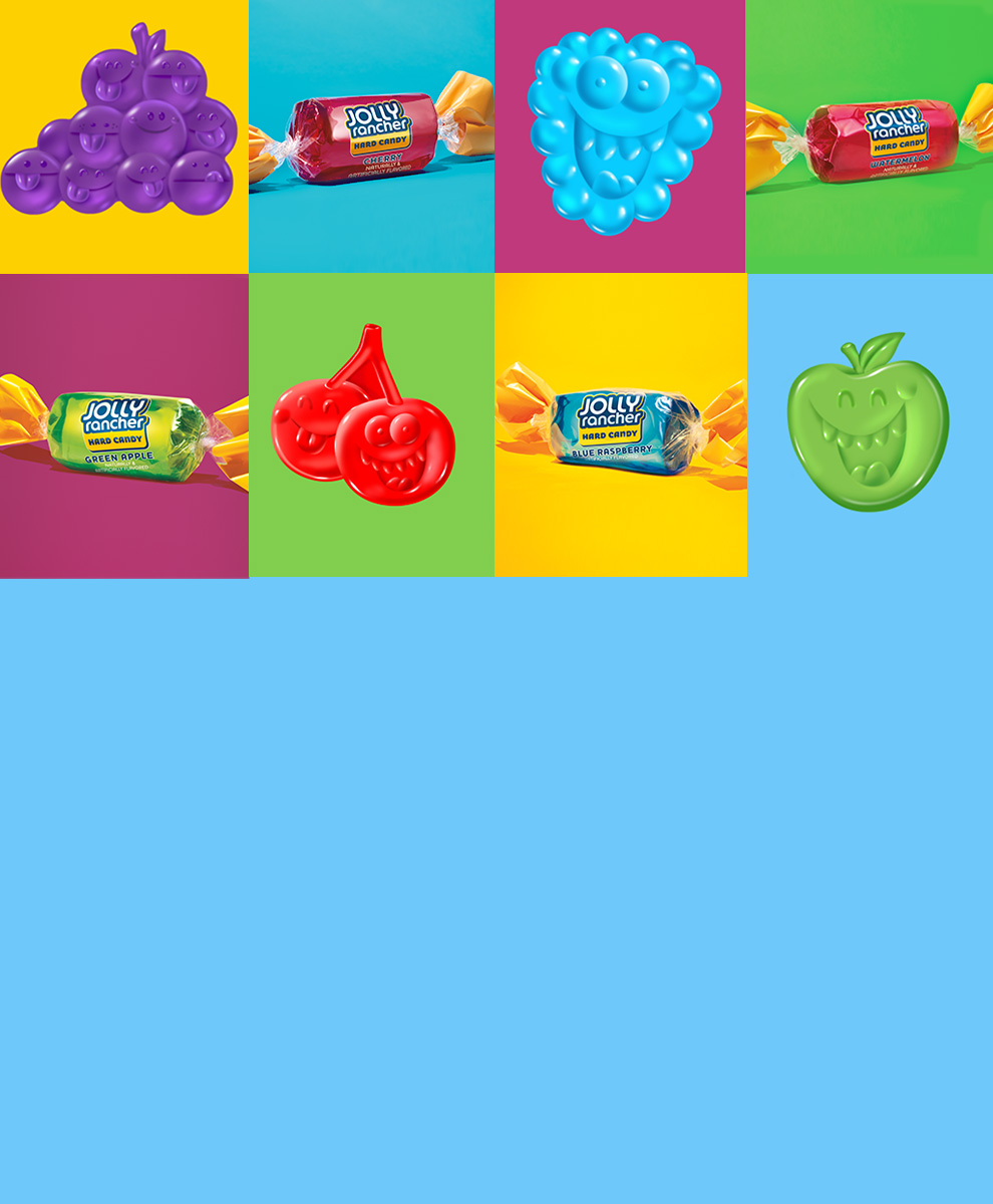 JOLLY RANCHER Gummies and Hard Candies on color block background