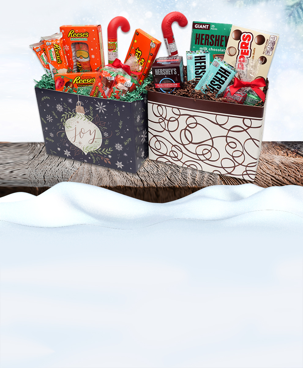 HERSHEY'S & REESE'S Holiday Baskets on a roughhewn tabletop