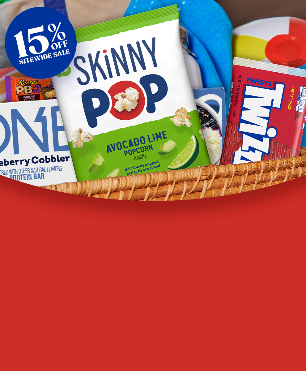 Promotional graphic featuring a summer-themed assortment of candy and snacks in a bag highlighting our 15% off Fourth of July sale