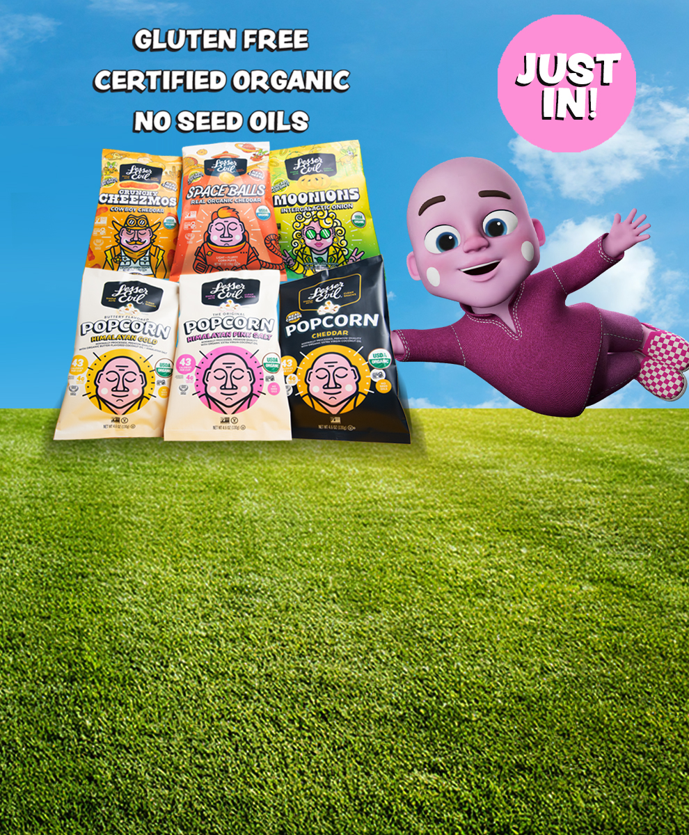 Promotional graphic featuring LesserEvil popcorn and corn snacks in classic and bold flavors