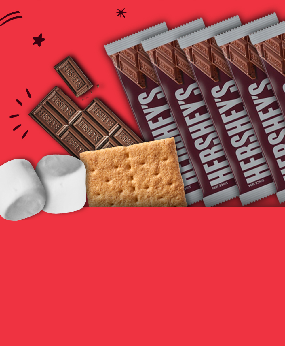 Promotional graphic featuring Hershey's Milk Chocolate Bars, Graham Crackers and Marshmallows for S'mores