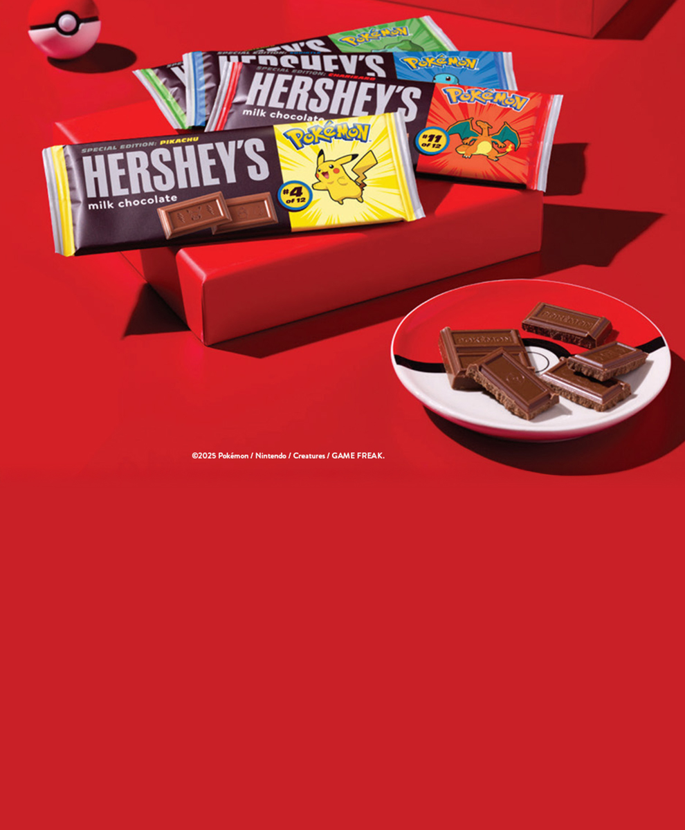 HERSHEY'S Milk Chocolate Bars with Pokémon-themed packaging on a red background