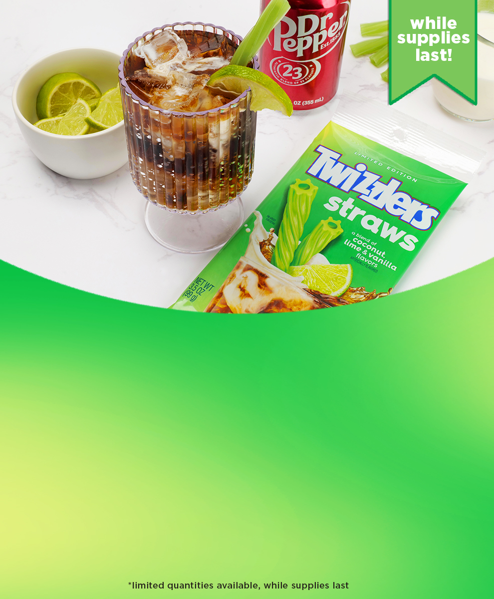 Promotional graphic featuring limited edition TWIZZLER'S Straws in a soda