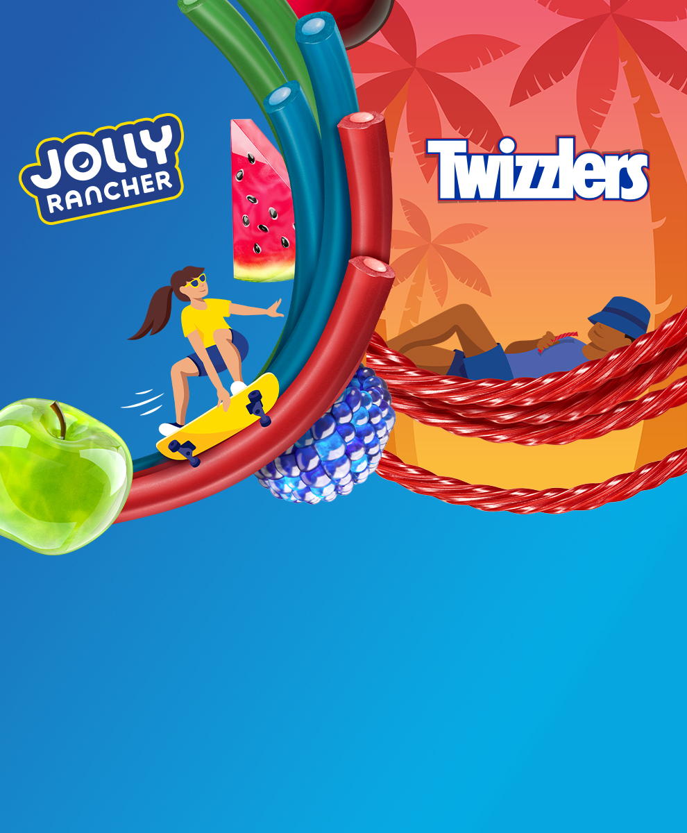 Promotional cartoon graphic featuring JOLLY RANCHER candy ropes beign used as a skateboard ramp and TWIZZLERS candy being used as a hammock