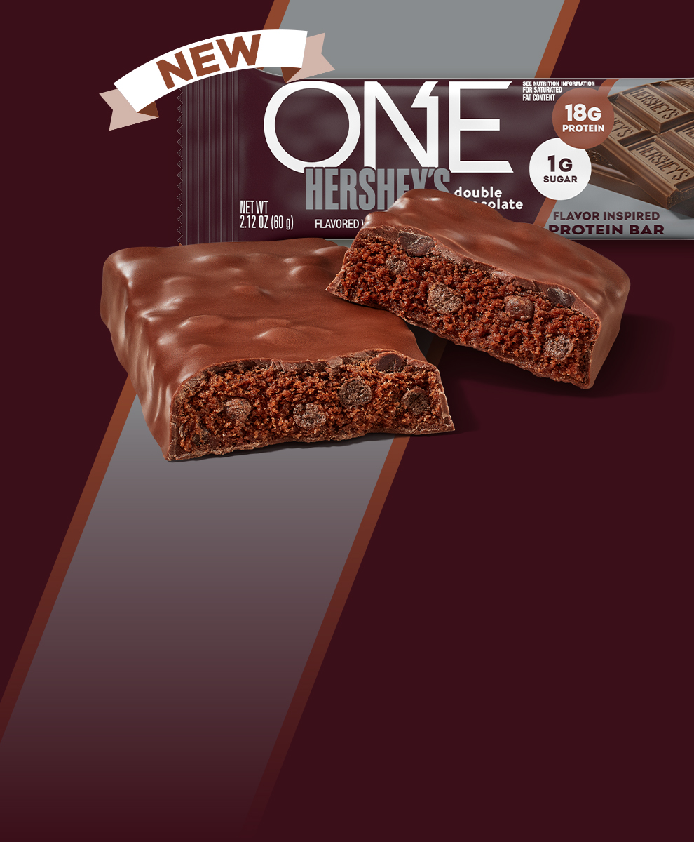 ONE Protein Bar with HERSHEY'S Double Chocolate on a brown background