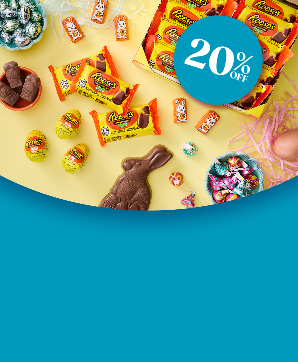 Tabletop display featuring an assortment of HERSHEY'S and REESE'S Easter themed candy