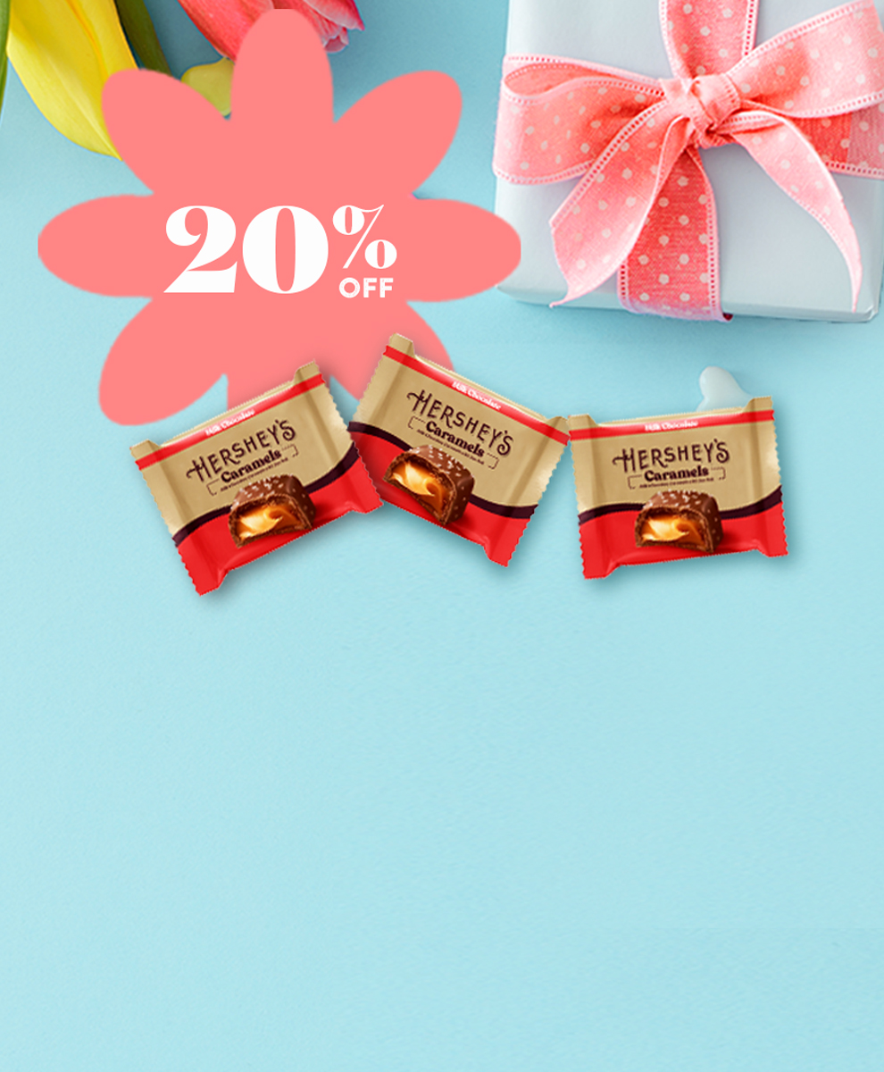 Promotional graphic featuring Hershey's milk chocolate golden almond gift box