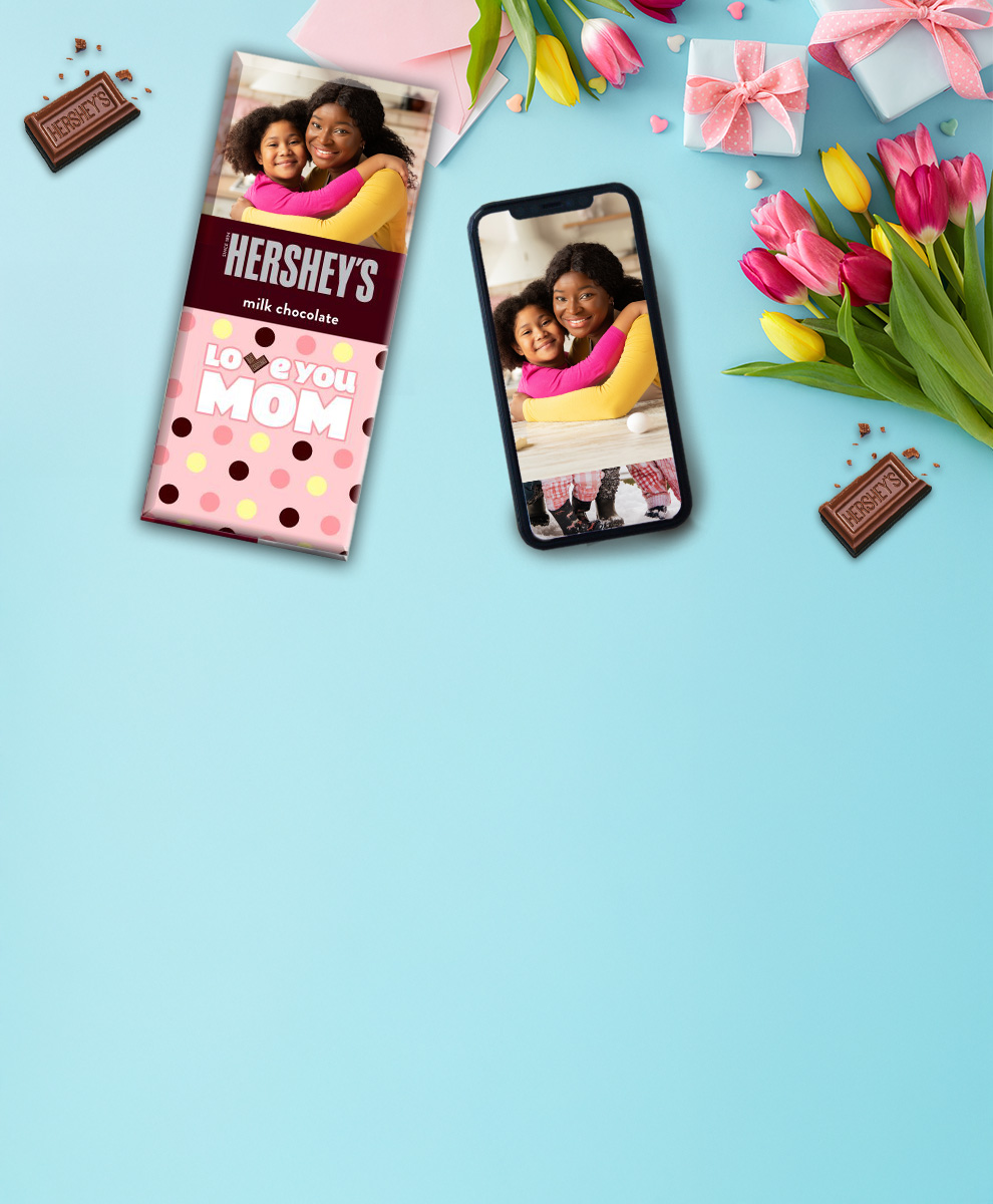 HERSHEY'S Bar with Easter-themed personalized wrapper and iPhone background