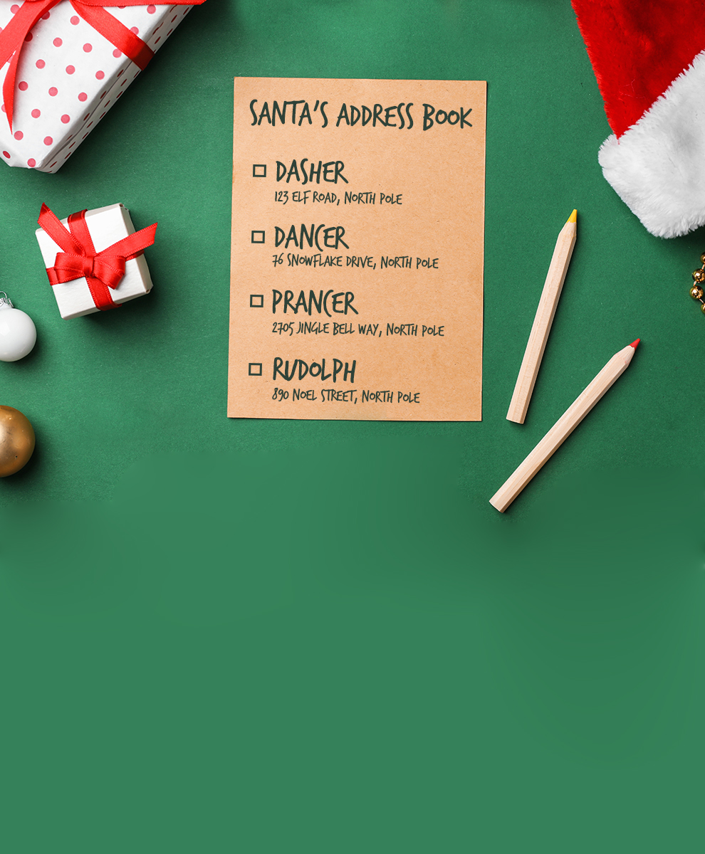 Santa's Address Book displayed on green gift background