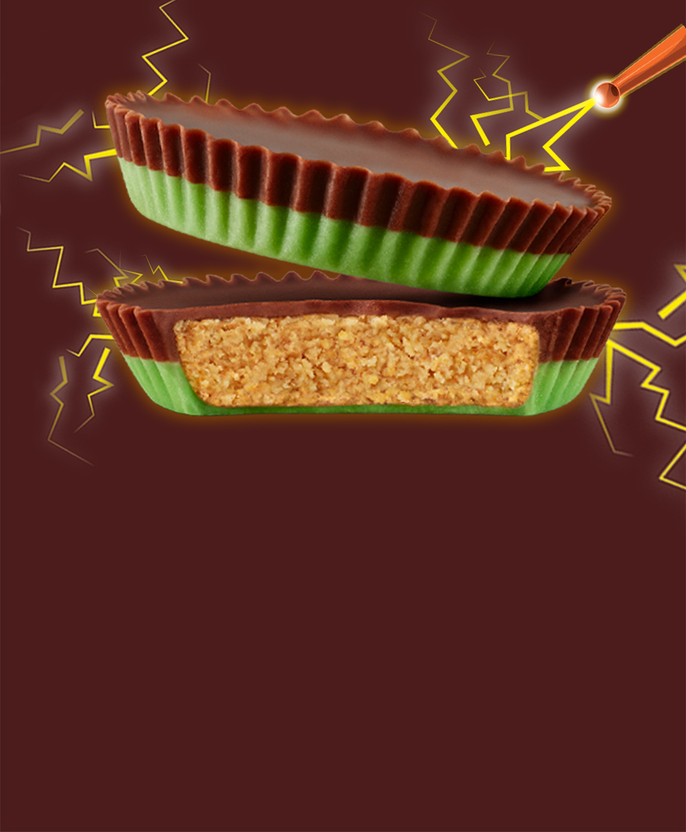Two REESE’S FRANKEN-CUP Candies enlarged to show detail