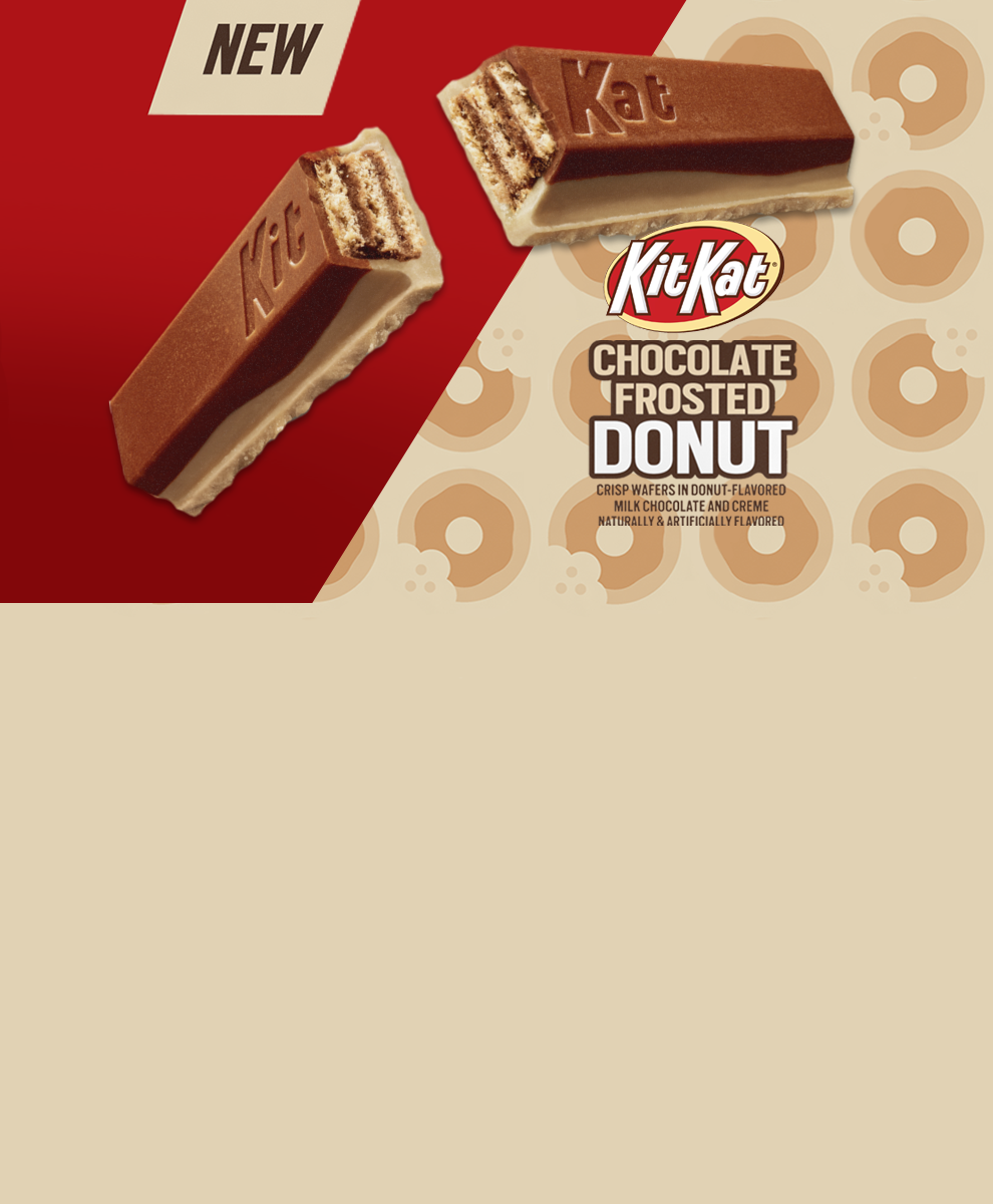 KIT KAT® Chocolate Frosted Donut Flavor snapped apart on a tan background