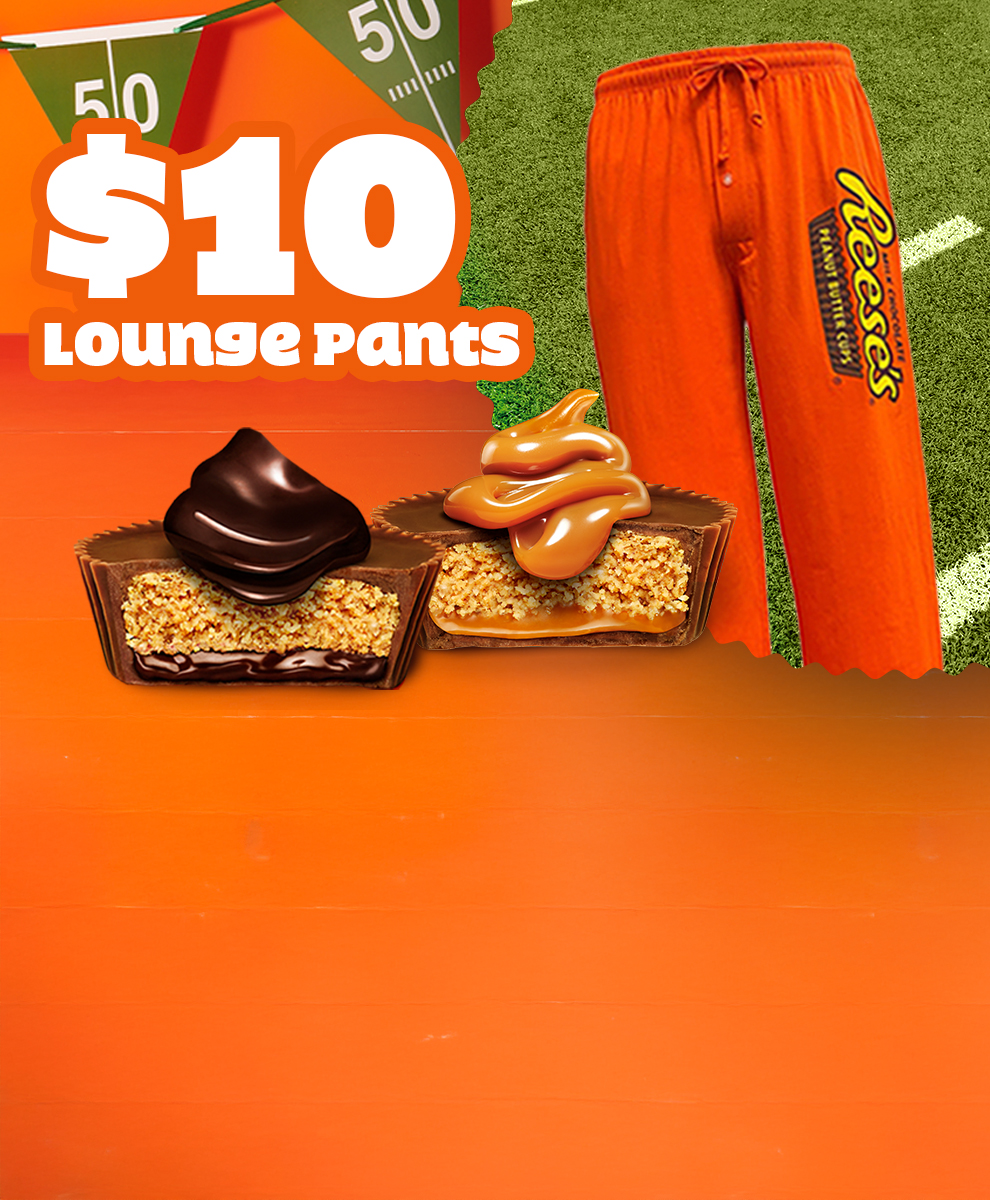 REESE's peanut butter cups candy with REESE's lounge pants $10 promotion on an orange background