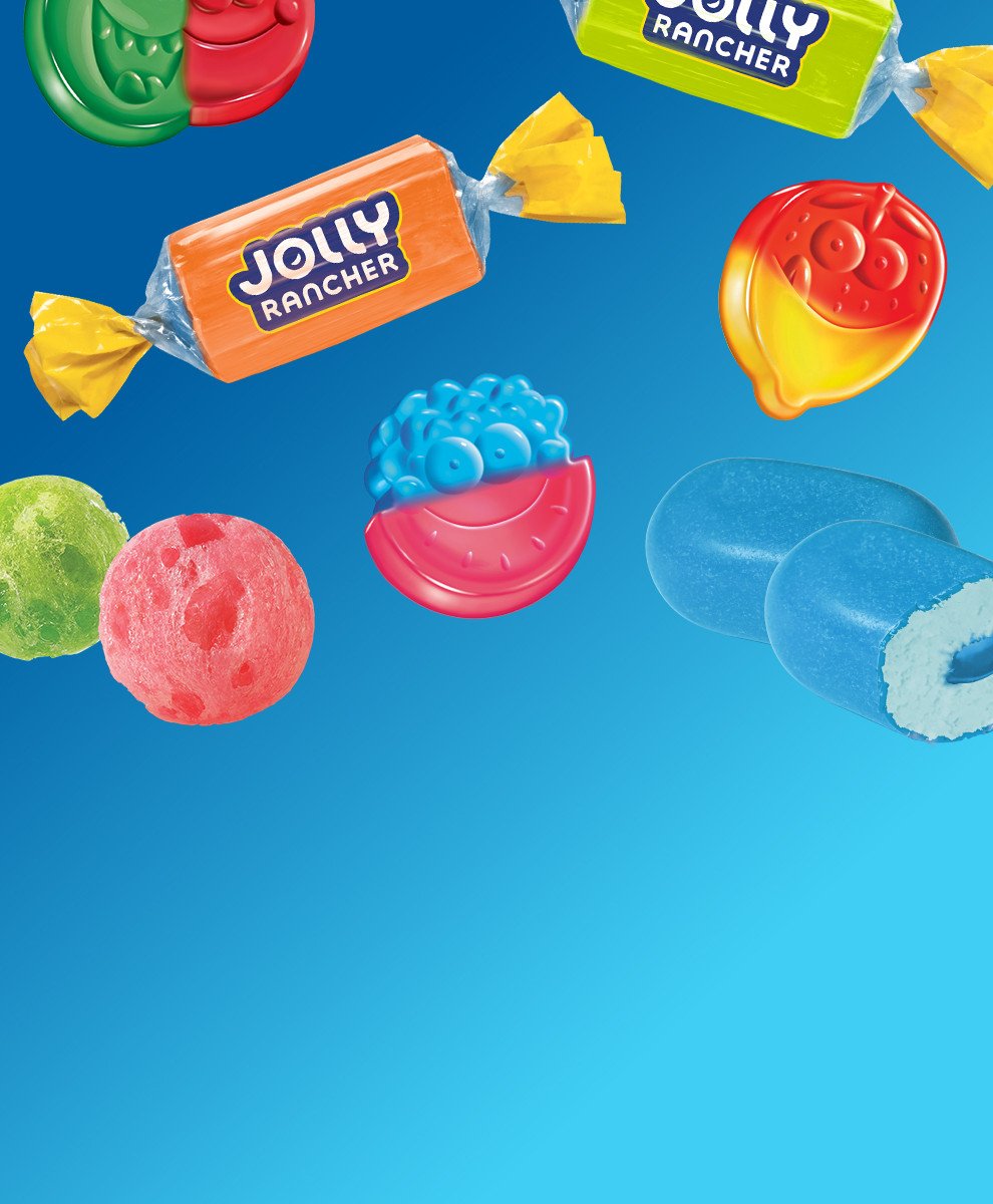 Assorted JOLLY RANCHER fruity candies on a blue background