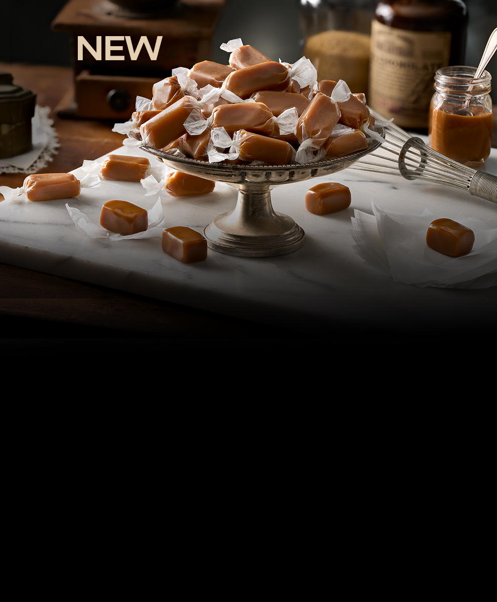 Promotional graphic featuring Milton Hershey's Caramel Twist in a cake tray on a marble table top