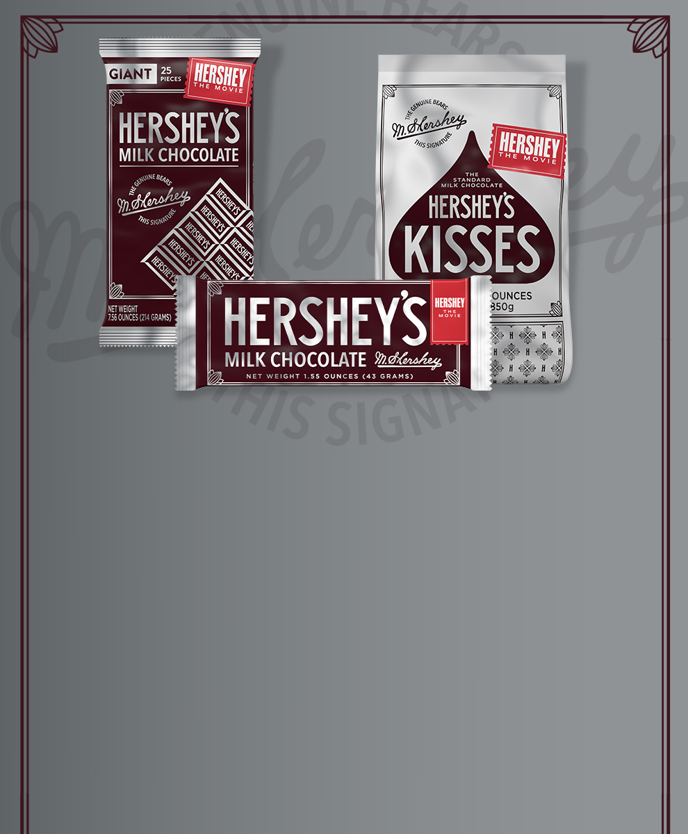 Promotional graphic featuring Milton Hershey's Milk Chocolate bars and Kisses with nostalgic wrappping for movie