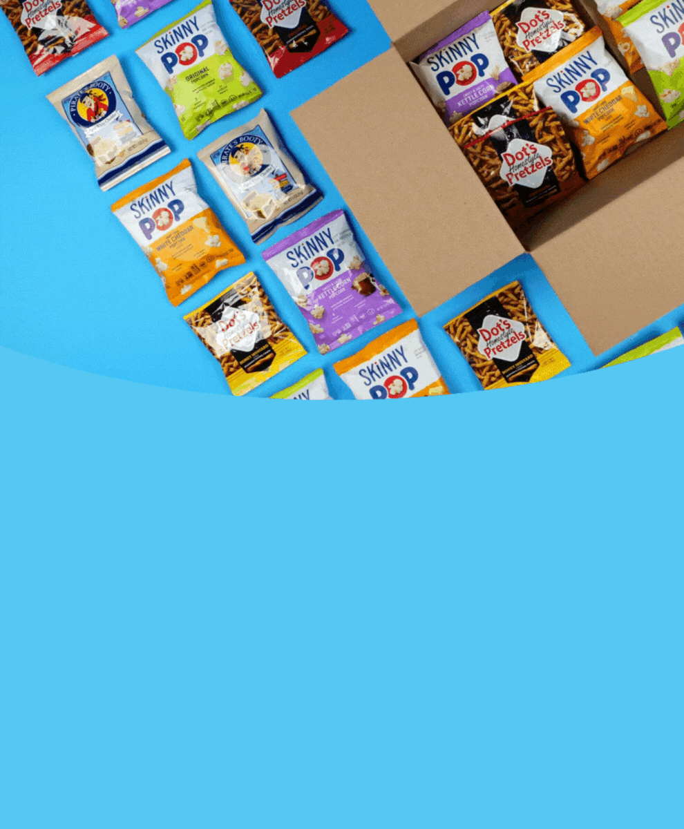 Promotional graphic showing single serving size snack bags being added to and removed from a cardboard box