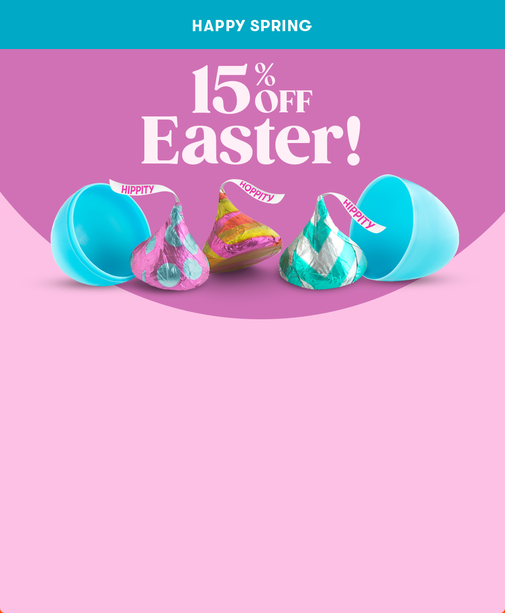 Promotional graphic featuring HERSHEY'S KISSES in Egg Hunt themed foils on a pink background