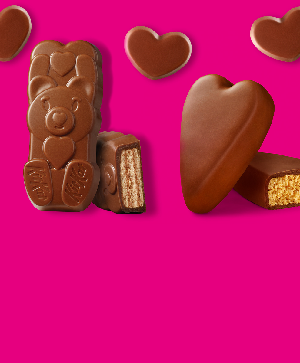 Promotional graphic featuring KIT KAT® Bears and REESE'S Peanut Butter Hearts on a pink background