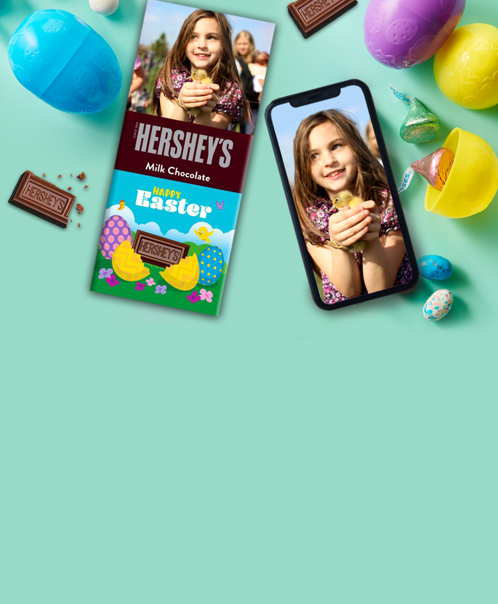 Easter-themed Personalized HERSHEY'S Bar next to smartphone