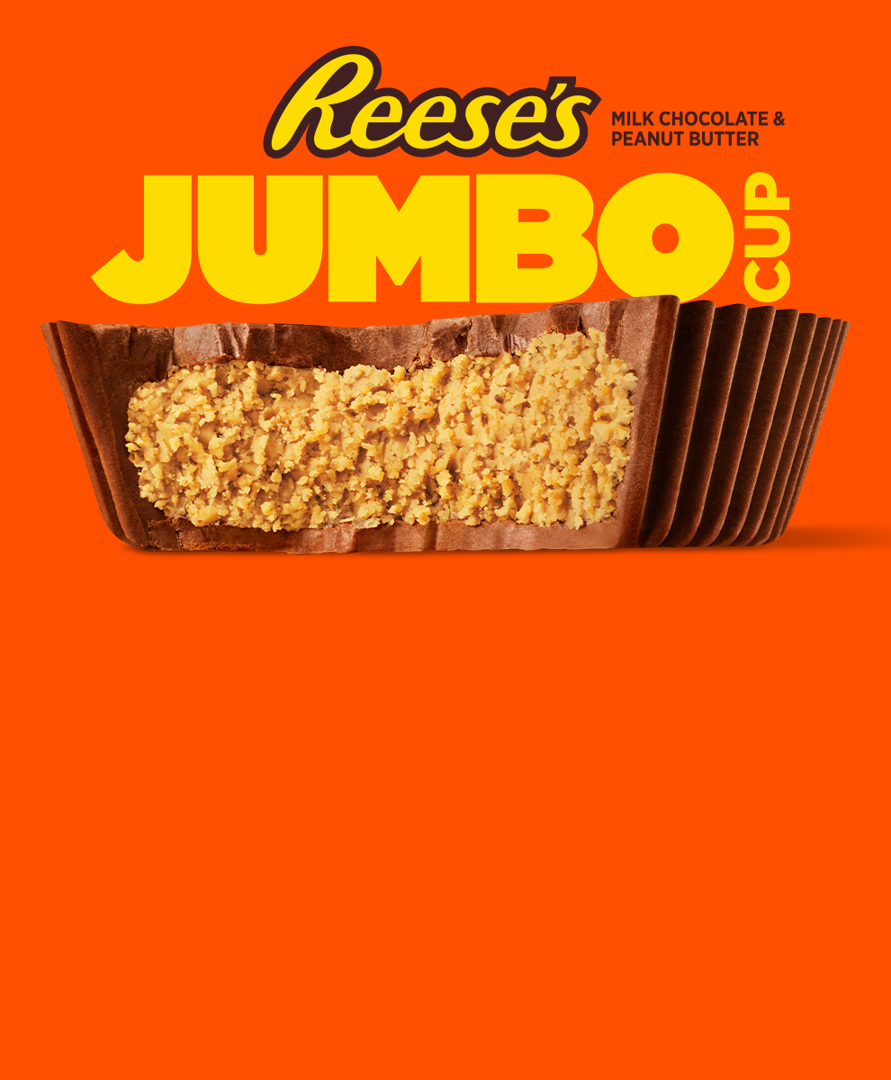 Promotional graphic featuring REESE'S Jumbo Chocolate and Peanut Butter Cup on an orange background