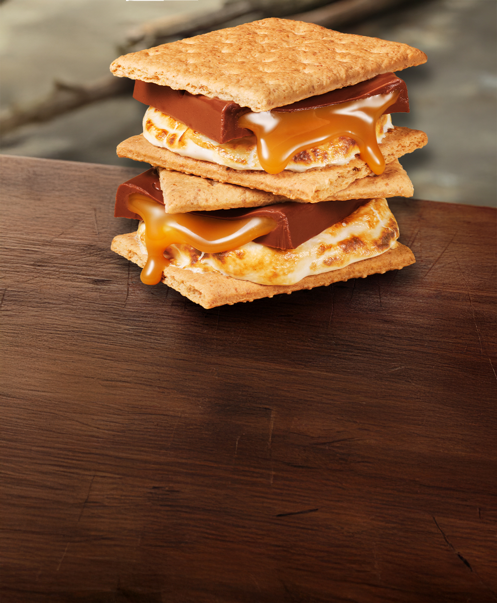 Stack of S'Mores made with HERSHEY'S Milk Chocolate bar with caramel filling
