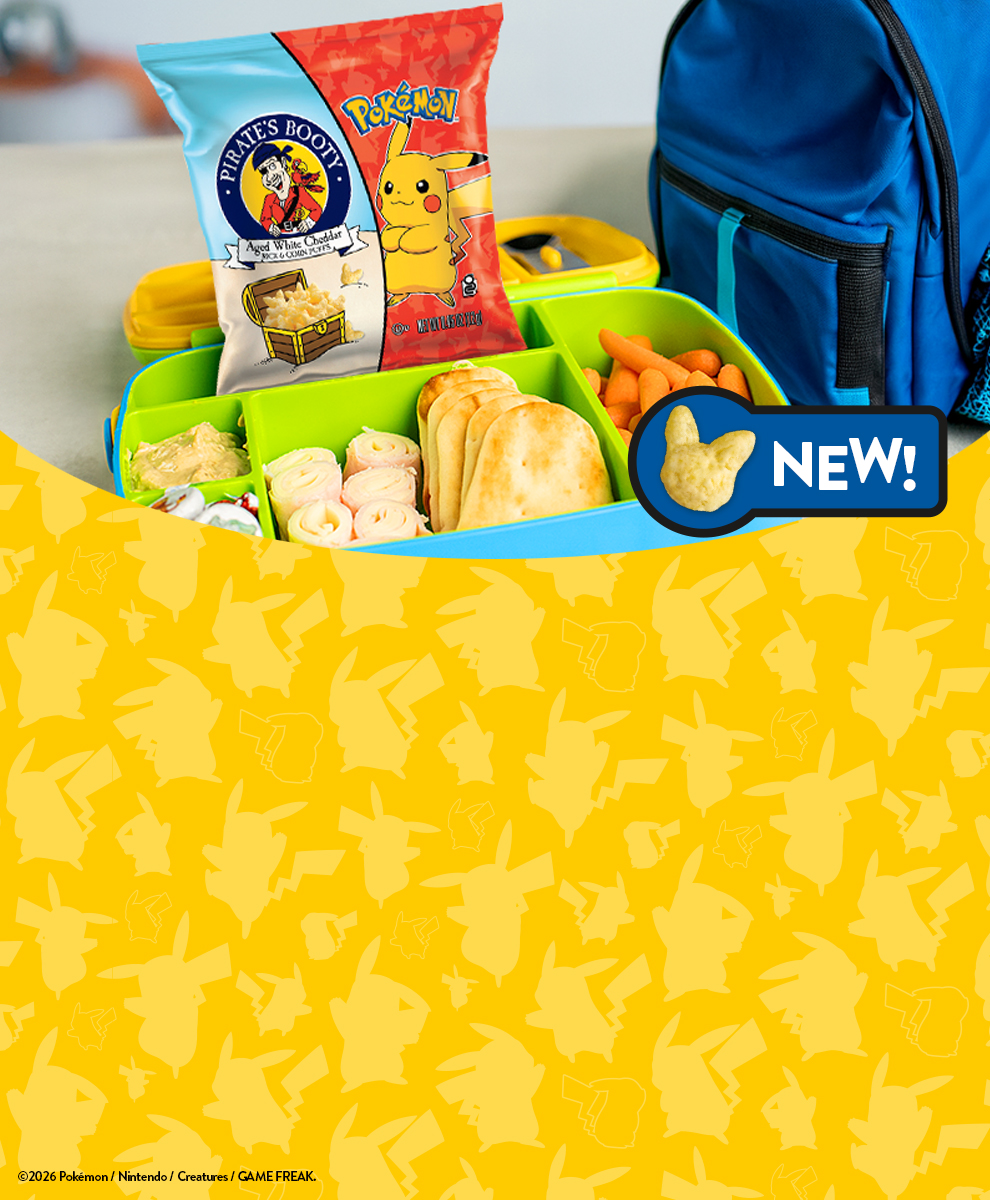Promotional graphic featuring Pirate's Booty Pokémon snacks in Pikachu shapes in a lunchbox