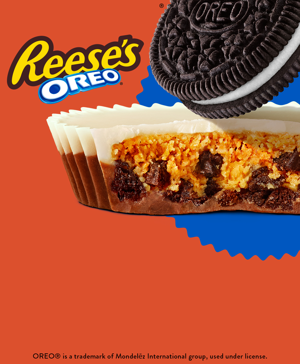 Promotional graphic featuring a close-up side shot of a REESE'S OREO® Peanut Butter Cup with a bite taken out and an OREO® cookie floating above it
